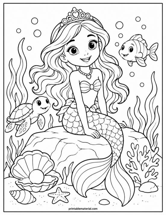 01.Mermaid Princess Underwater Coloring Scene