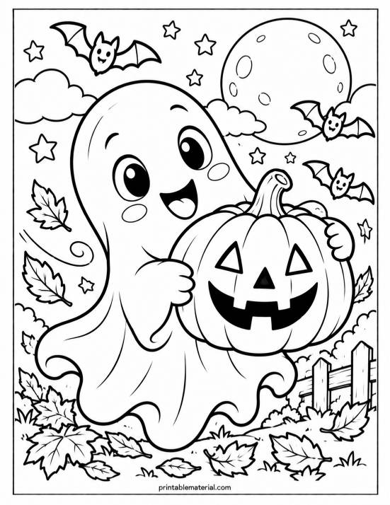 02.Cheerful Ghost Pumpkin Halloween Coloring