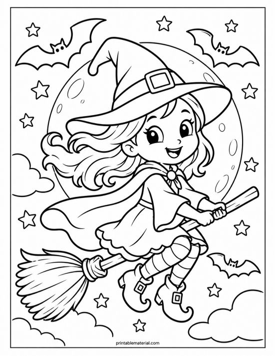 Halloween Witch Flying Over Moon