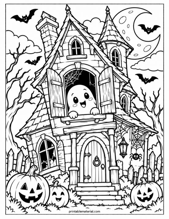 04.Cute Haunted House with Ghost and Pumpkins