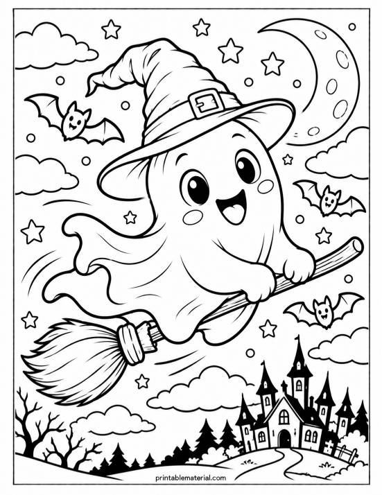 06.Flying Ghost Halloween Coloring Page