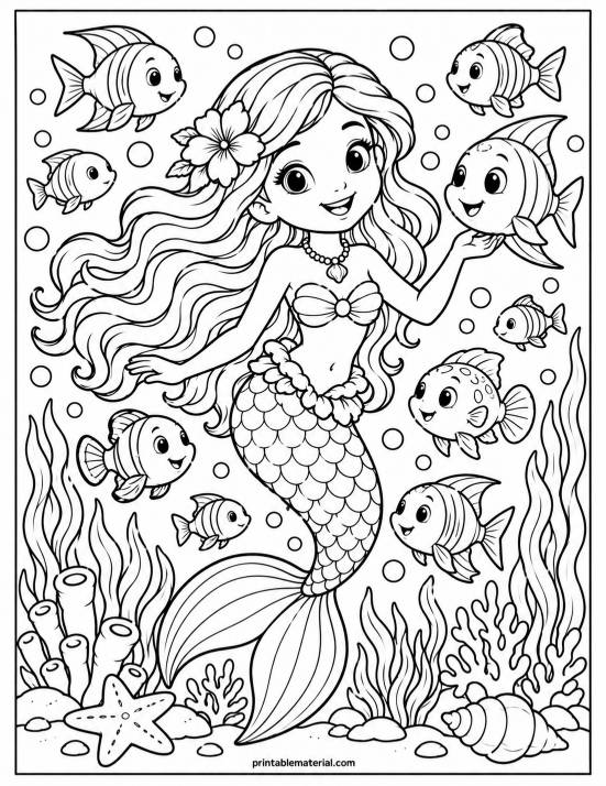 07.Cheerful Mermaid Underwater Coloring Page