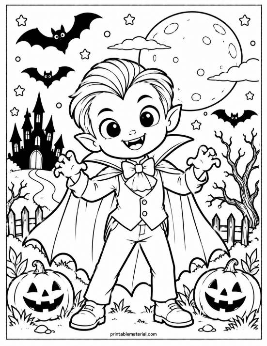 07.Cute Vampire Boy Halloween Coloring Page