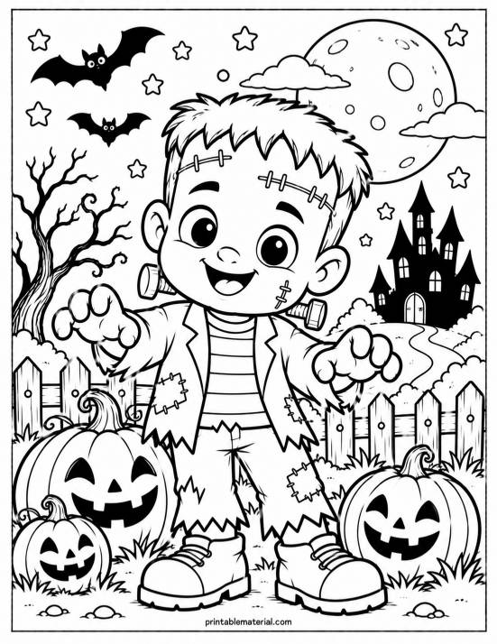 09.Cheerful Frankenstein Halloween Coloring Page