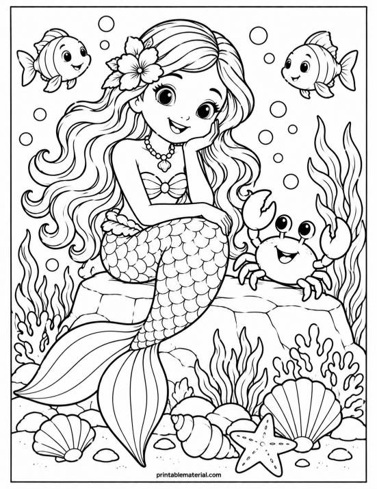 09.Cheerful Mermaid Underwater Coloring Page
