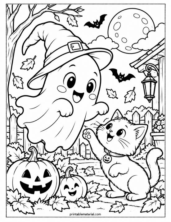 09.Ghost and Kitten Halloween Coloring