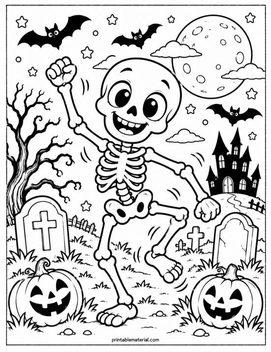 10.Dancing Skeleton Halloween Graveyard Coloring Page