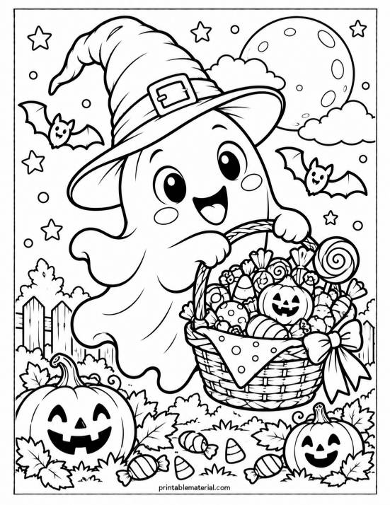 10.Halloween Ghost Candy Basket Coloring Page