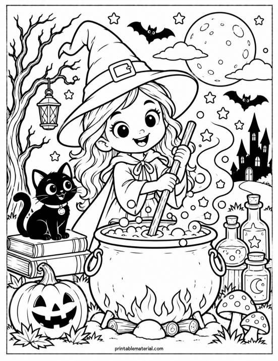 11.Cute Halloween Witch Cauldron Coloring Page