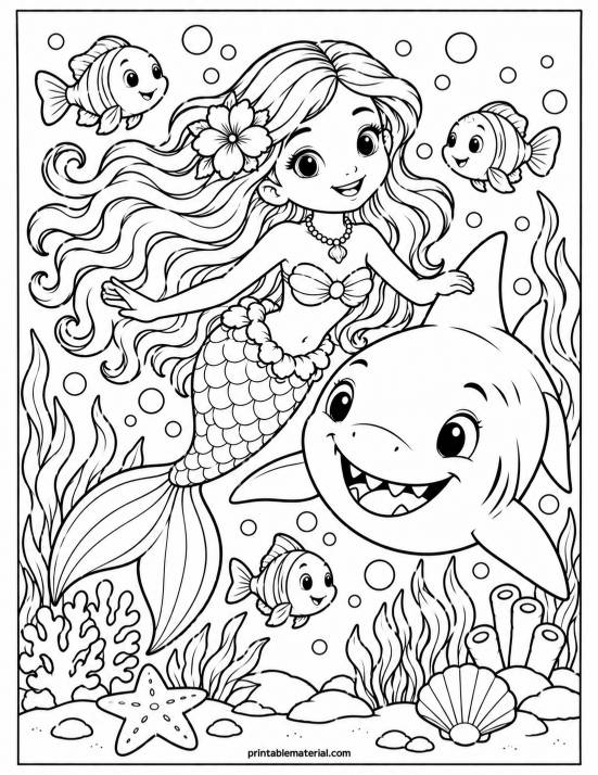11.Mermaid and Friendly Shark Coloring Page