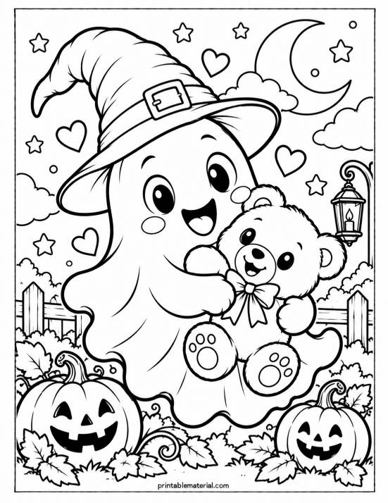 14.Ghost and Teddy Bear Halloween Coloring Page