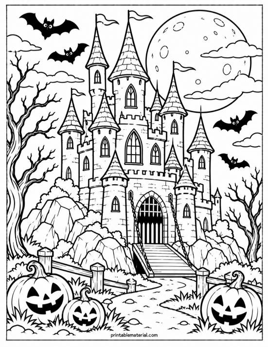 14.Haunted Castle Halloween Coloring Page