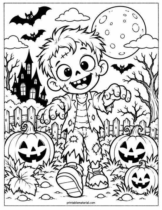 15.Playful Zombie Halloween Coloring Page