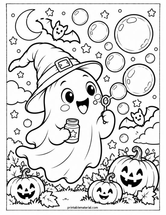16.Halloween Ghost Blowing Bubbles Coloring