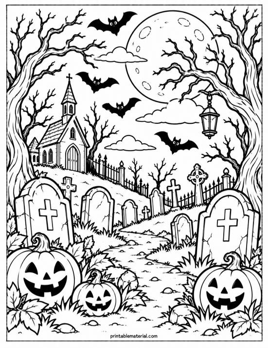 17.Spooky Moonlit Graveyard Coloring Page