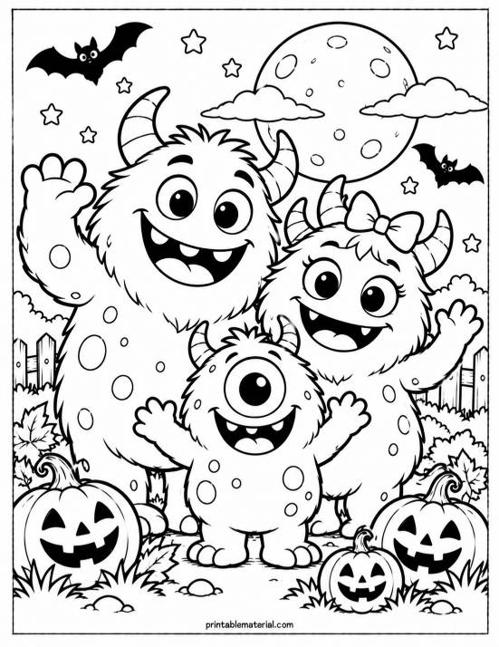 18.Whimsical Monster Family Halloween Coloring Page
