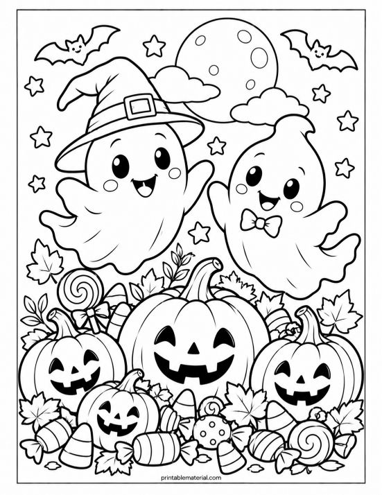 Cheerful Ghosts’ Halloween Coloring Page
