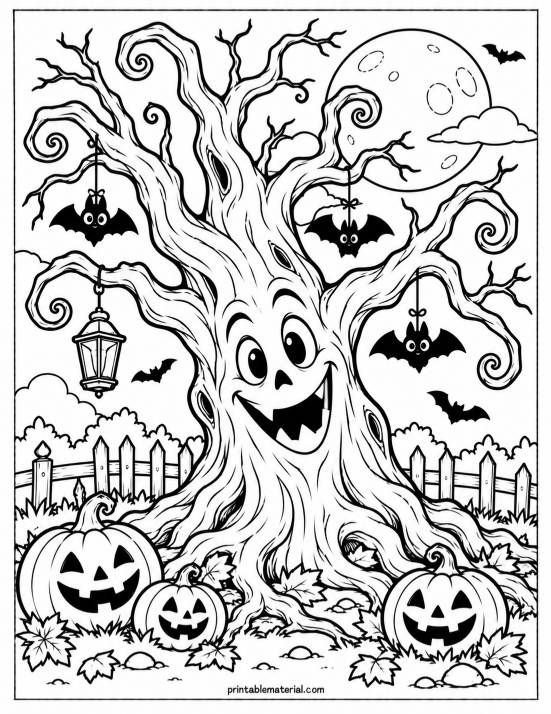 22.Spooky Tree Halloween Coloring Page