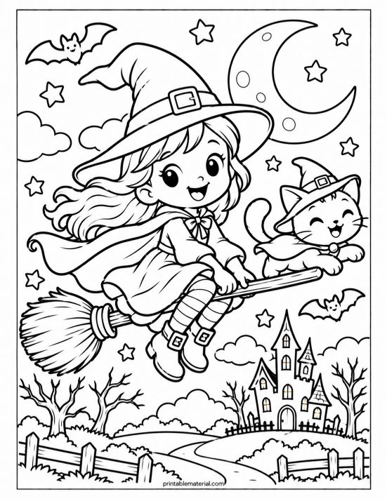 Kawaii Witch and Cat Halloween Flight