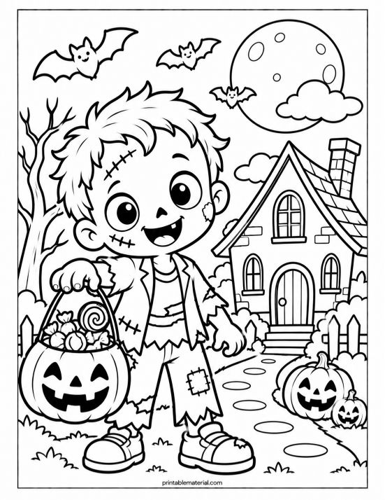 Friendly Zombie Halloween Coloring Page