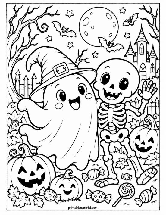 30.Friendly Ghost and Skeleton Halloween Coloring Page