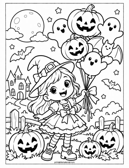 Chibi Witch Halloween Balloon Scene