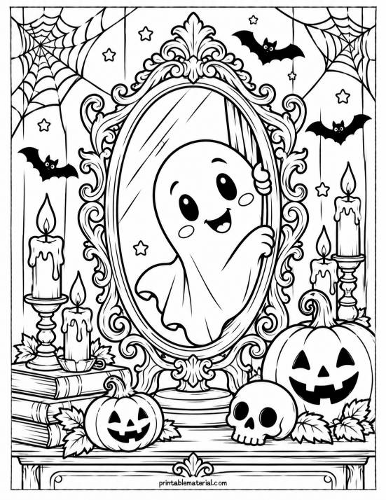 32.Haunted Mirror Halloween Coloring Page