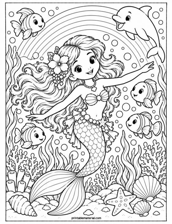 32.Kawaii Mermaid Underwater Adventure Coloring Page