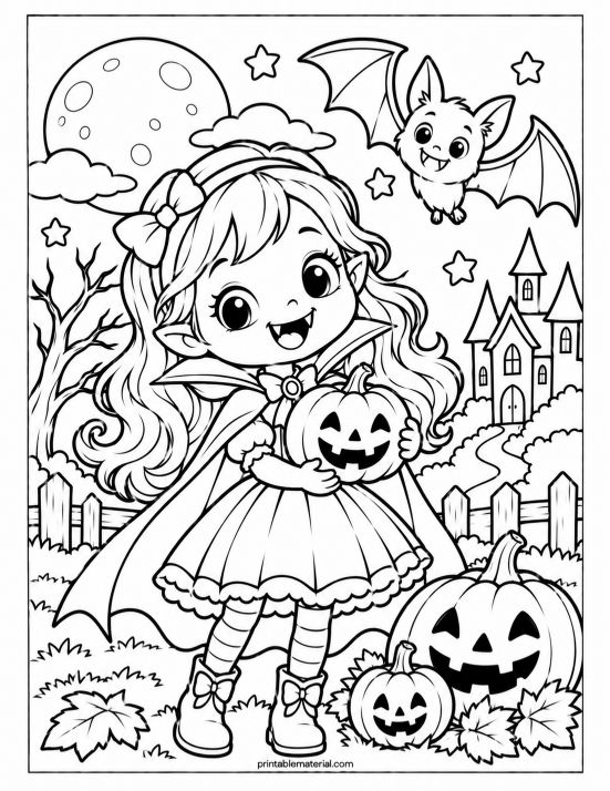 Cute Vampire Girl Halloween Coloring Page