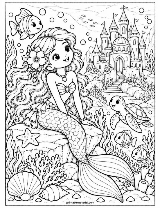 34.Whimsical Mermaid Castle Coloring Page