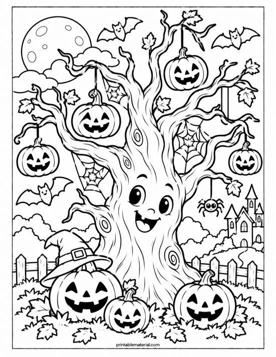 Friendly Halloween Tree Coloring Page
