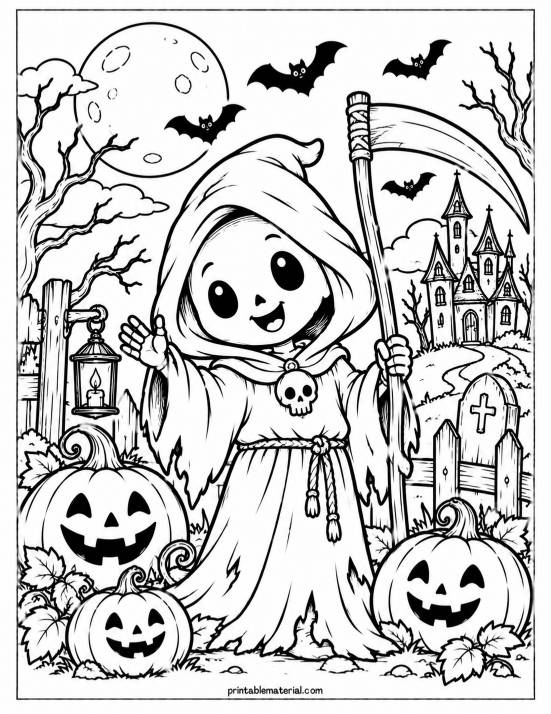 35.Cute Halloween Skeleton Reaper Coloring Page