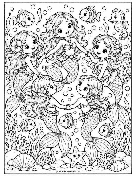 35.Mermaid Circle Underwater Coloring Page