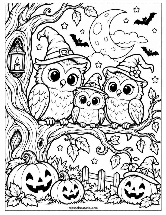37.Halloween Owl Family Coloring Page