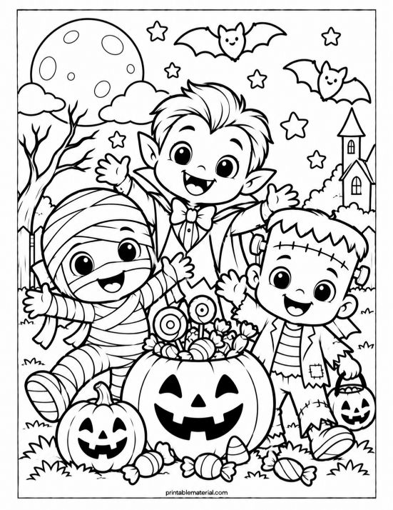 Cute Halloween Friends Coloring Page