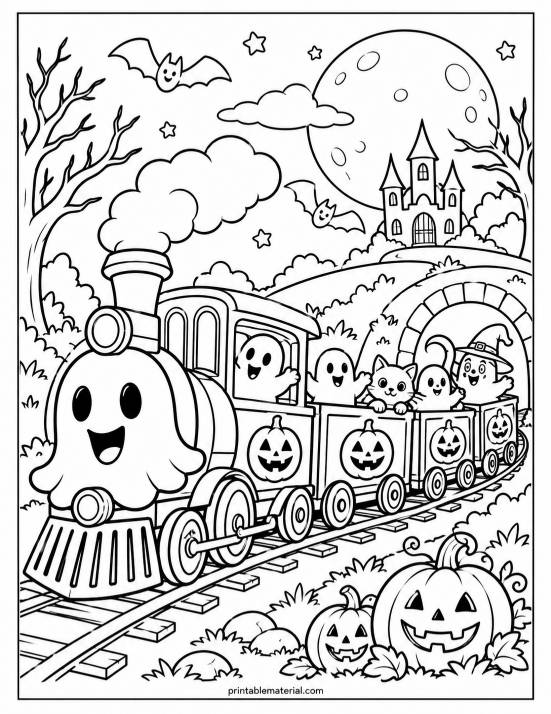 40.Friendly Ghost Train Halloween Coloring Page