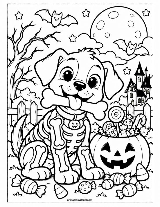 Skeleton Puppy Halloween Coloring Page