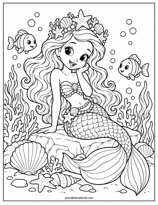 44.Cheerful Mermaid Underwater Coloring Page