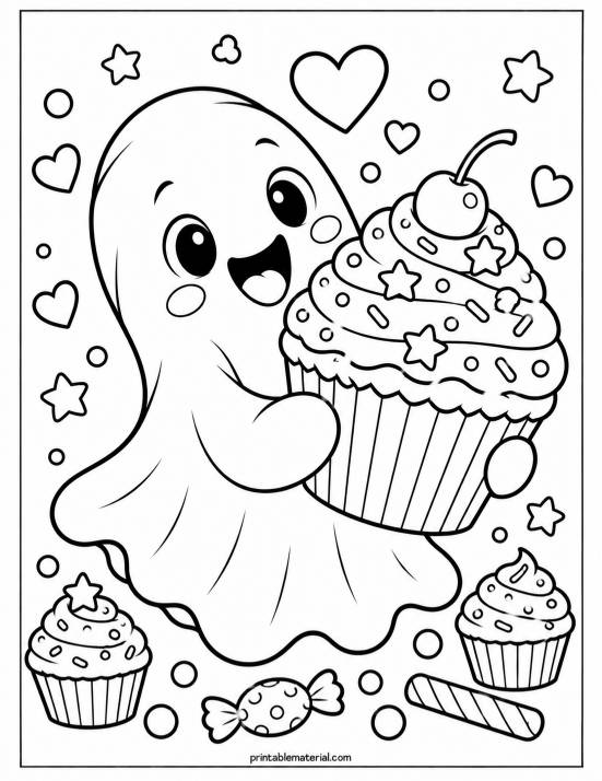 45.Cheerful Ghost and Cupcake Coloring Page