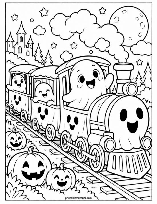 49.Cute Halloween Ghost Train Coloring Page