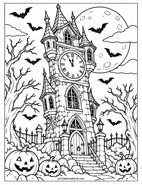49.Haunted Clock Tower Halloween Coloring Page