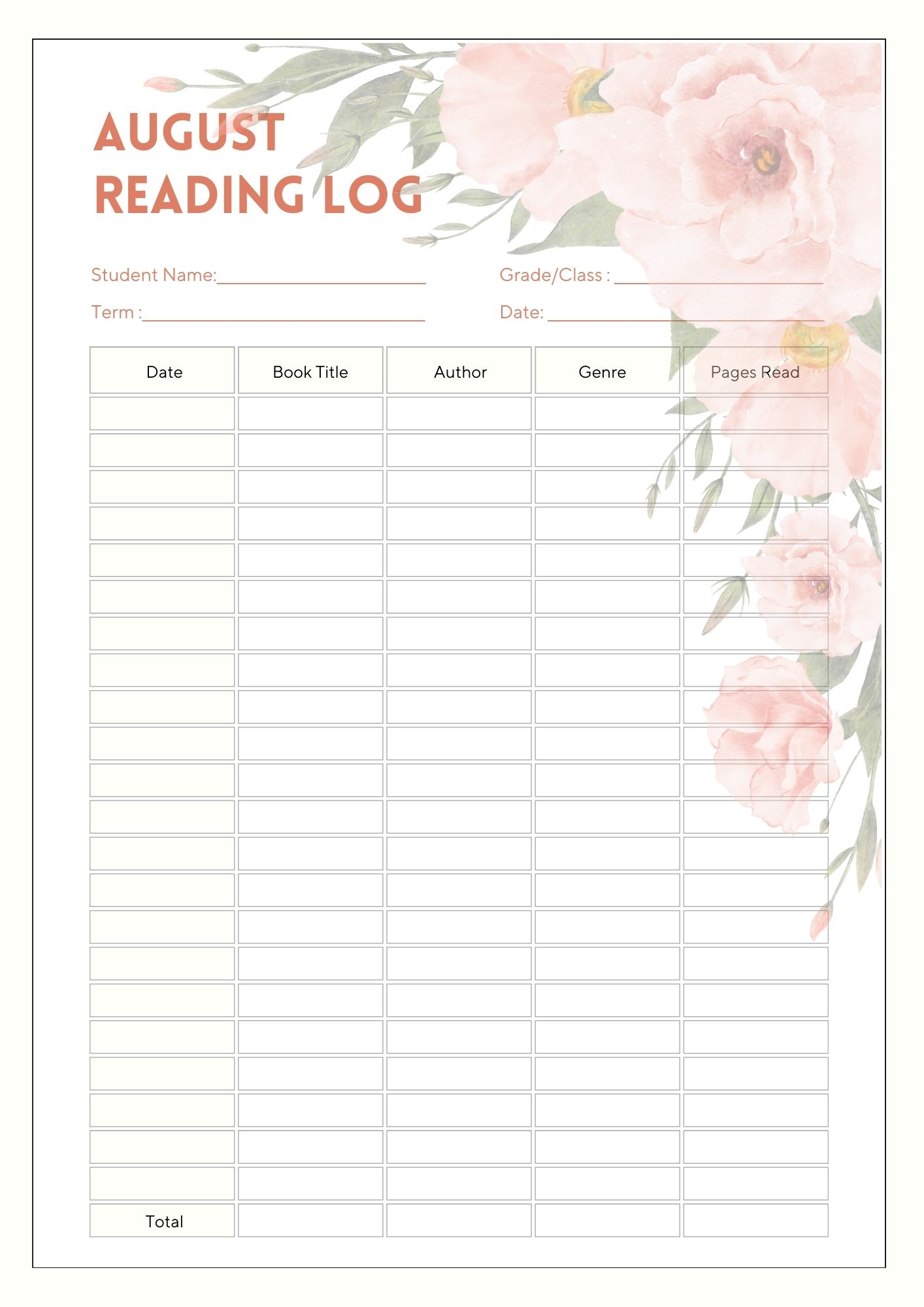 August Reading Log Template