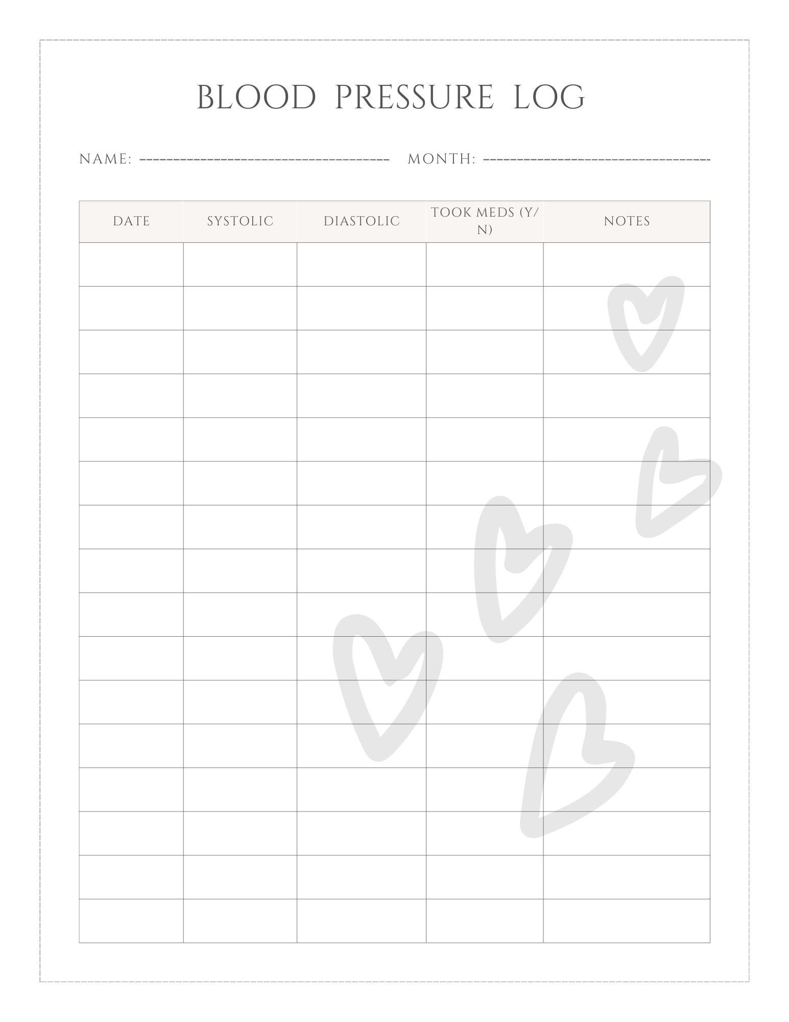 Blood Pressure Log Sheet