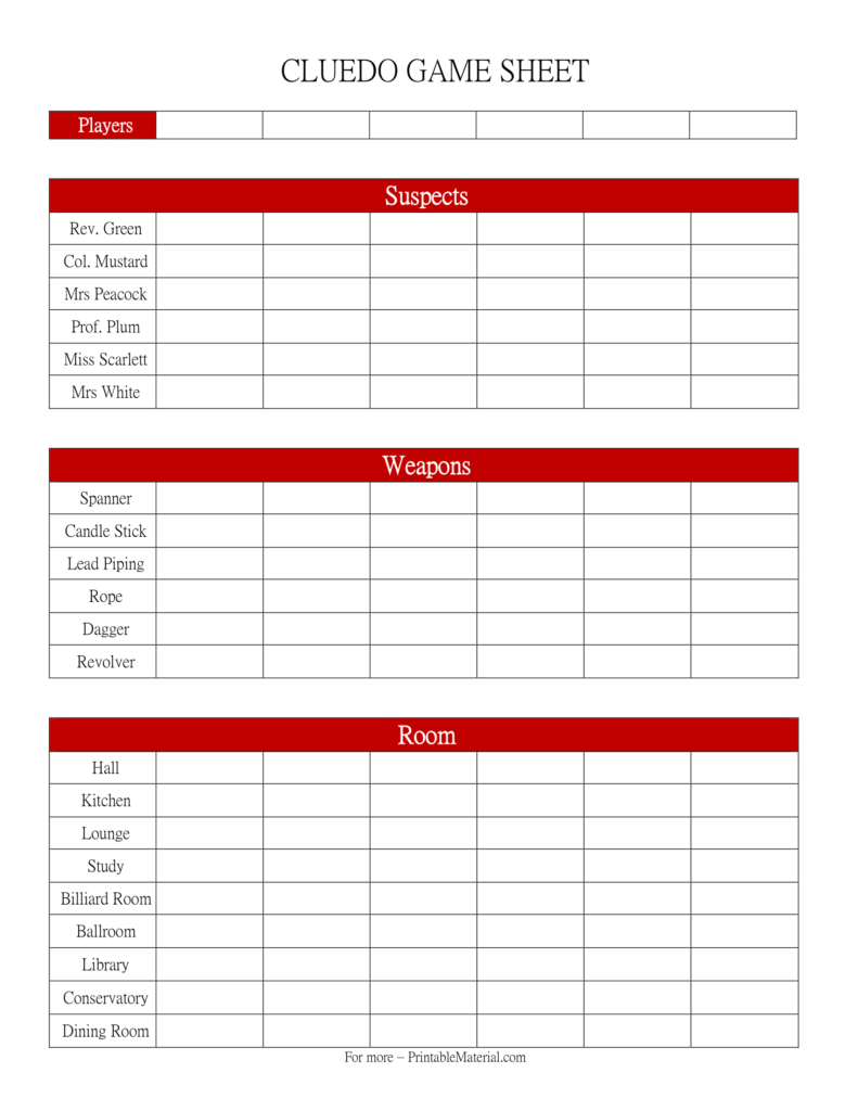 Printable Cluedo Score Sheets PDF Printable Cluedo Score Sheets PDF