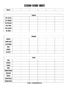 Printable Cluedo Score Sheets PDF