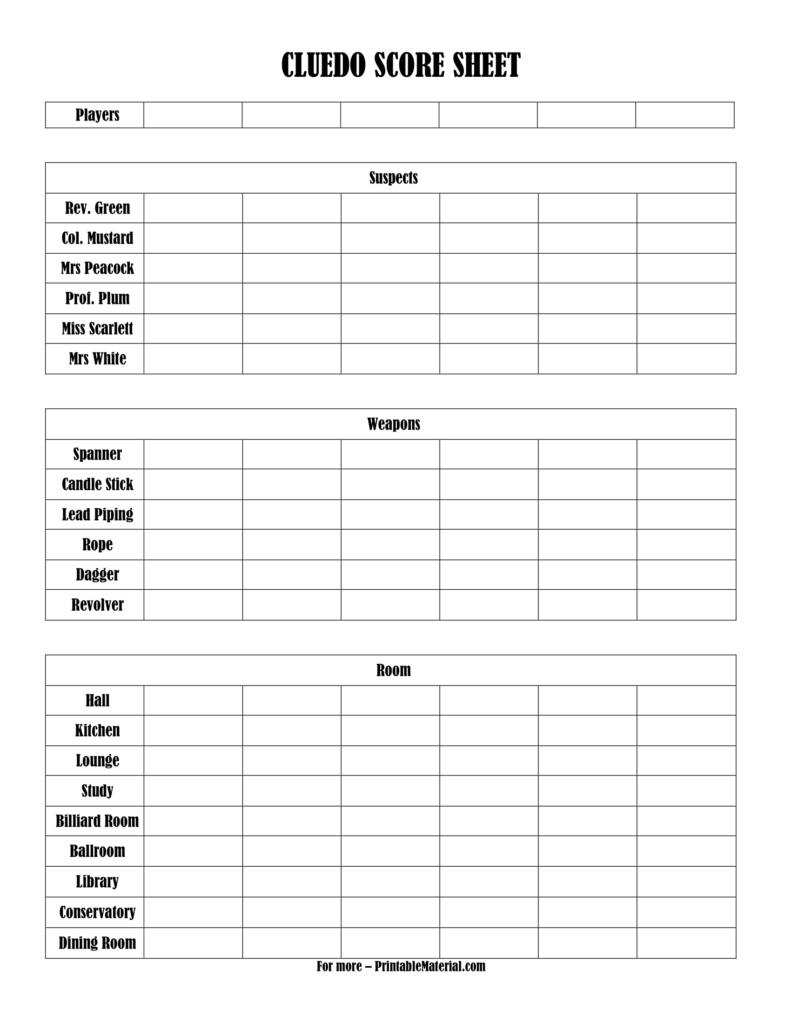 Printable Cluedo Score Sheets PDF Printable Cluedo Score Sheets PDF