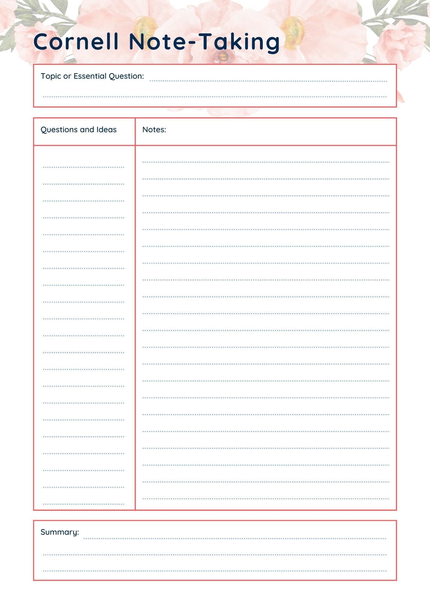 Cornell Notes Taking Template Floral