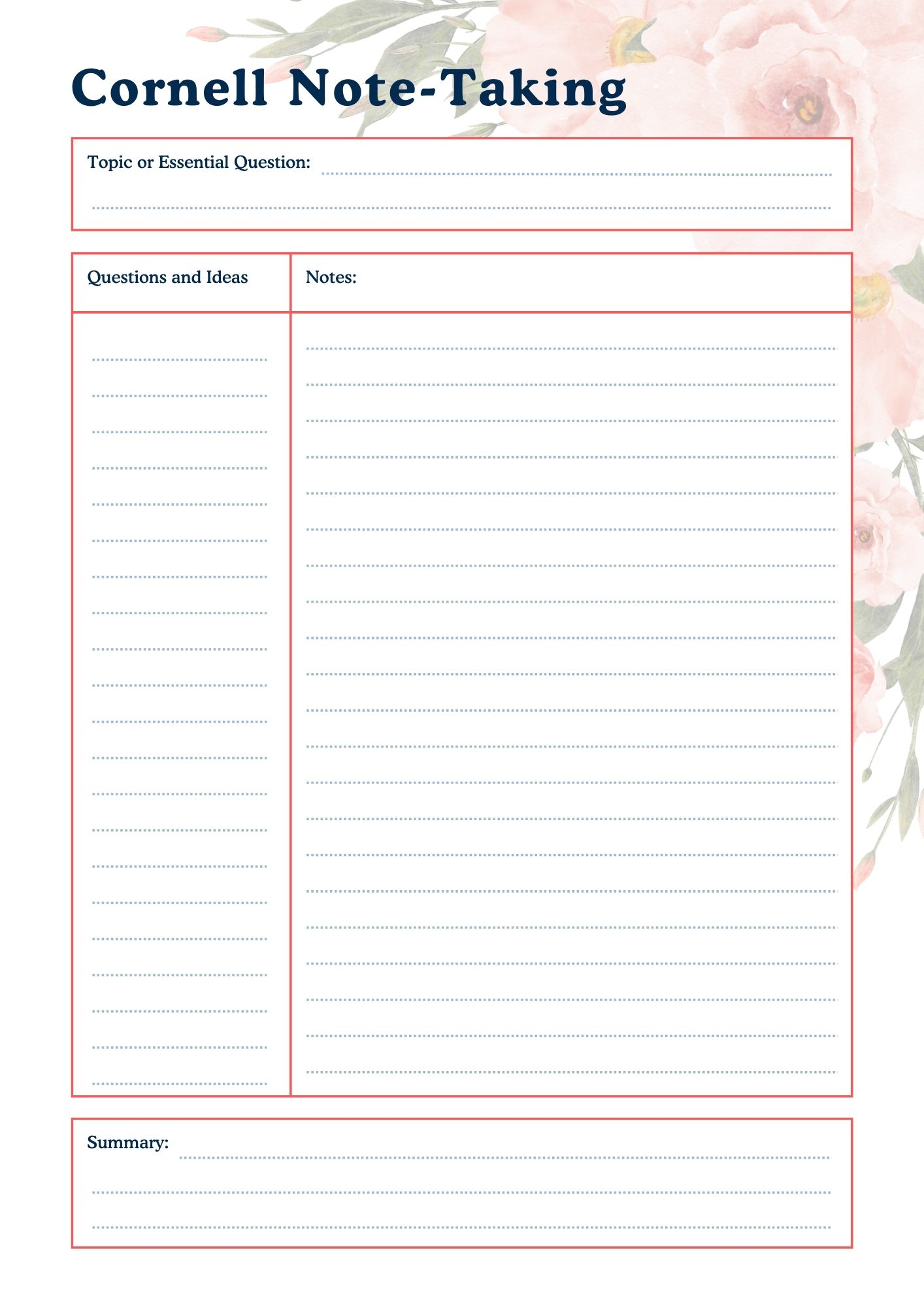 Cornell Notes Template Floral