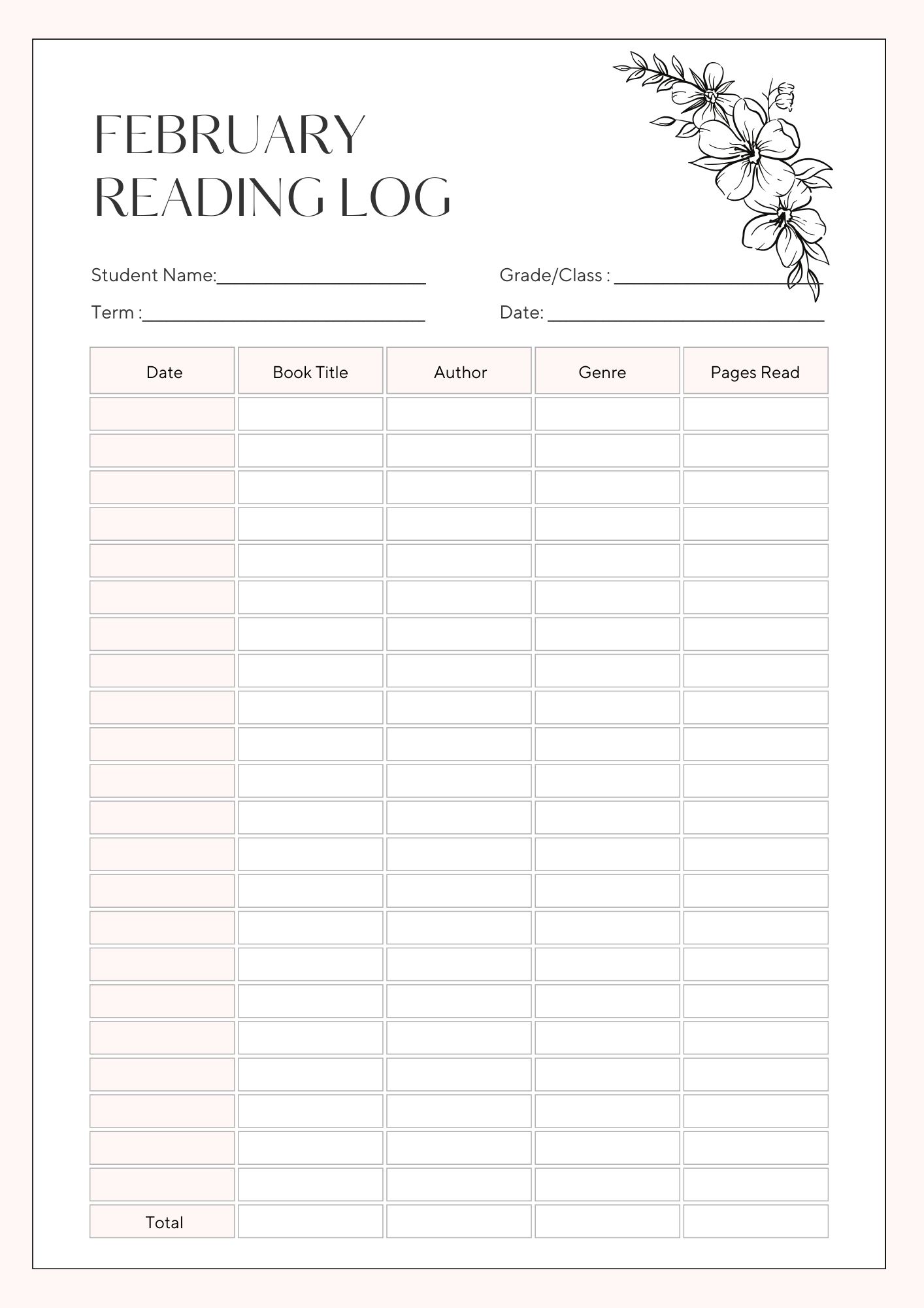 February Reading Log Template