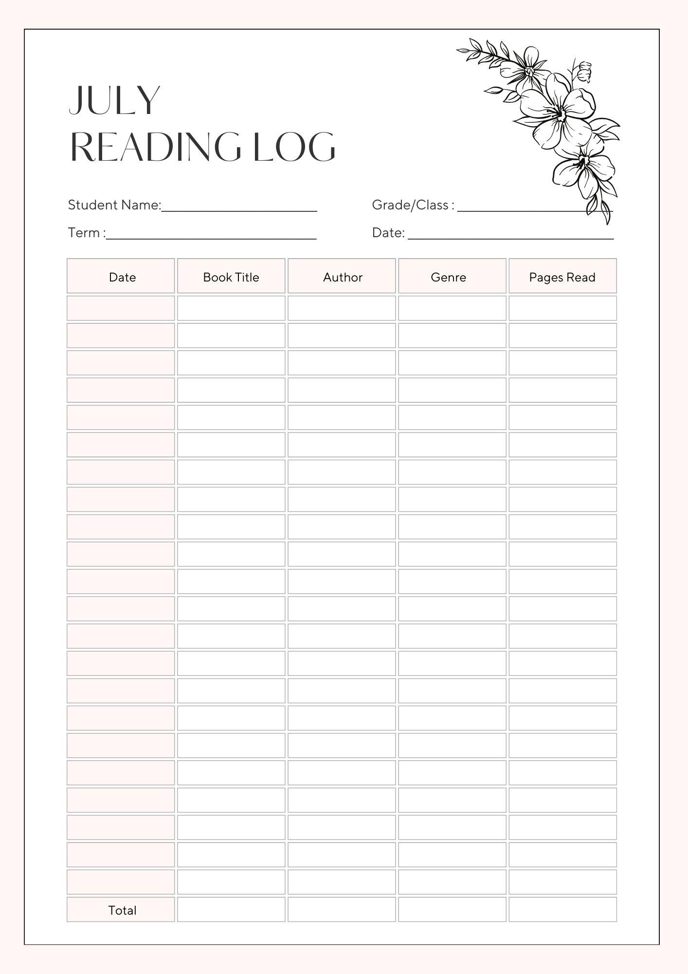 July Reading Log Template